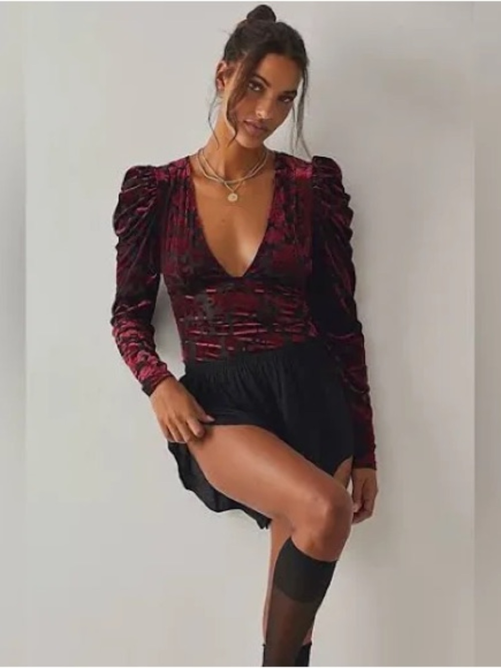 Free People Burgundy Velvet  & Mesh Deep V Long-Sleeve Bodysuit M-L